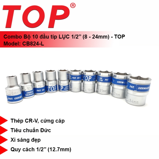 Combo 10 Đầu Tuýp Lục 1/2" (6 Cạnh) 8-24mm TOP