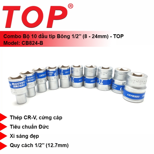 Combo 10 Đầu Tuýp Bông 1/2 (8-24mm) TOP