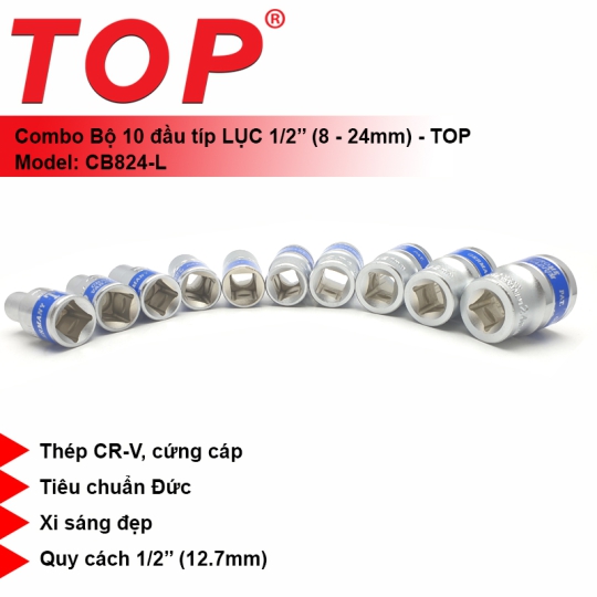 Combo 10 Đầu Tuýp Lục 1/2 (8-24mm) TOP