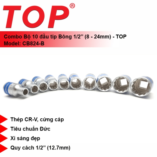 Combo 10 Đầu Tuýp Bông 1/2 (8-24mm) TOP